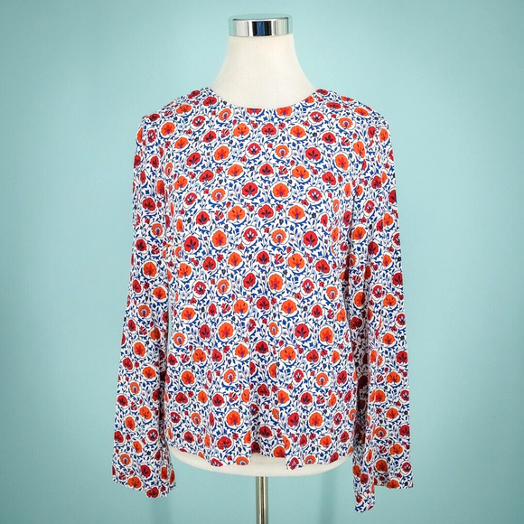 Boden Size 6 Floral Print Flare Long Sleeve Crew Cut Out Tie Back Top Blouse - Picture 1 of 6